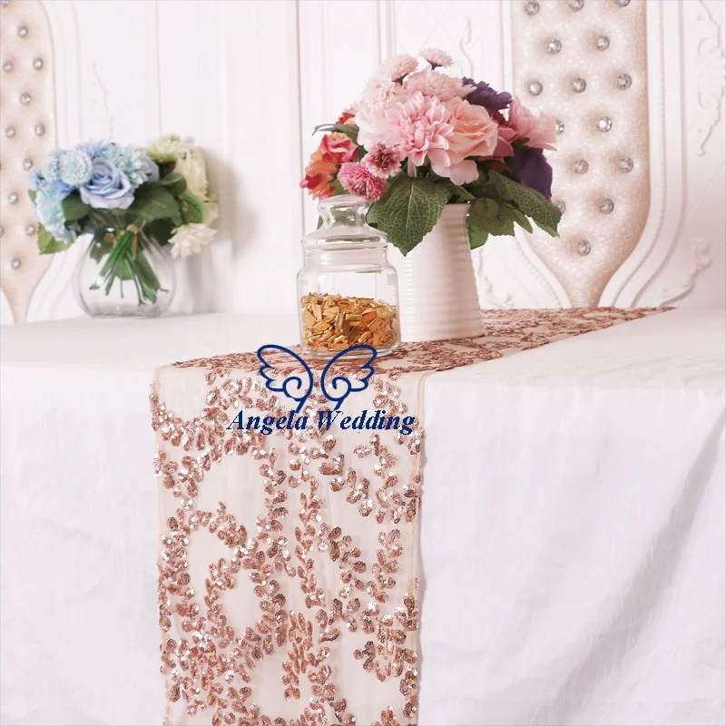 RU022A Ready to ship Hot sale Gorgeous new 2020 Angela Wedding wedding table decoration floral rose gold sequin table runner