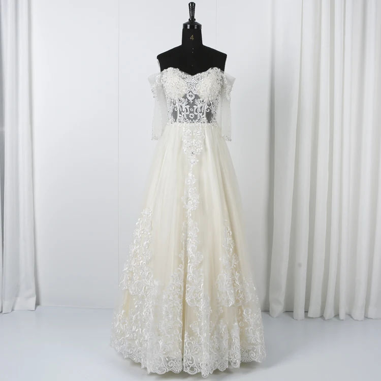 
Custom made tulle embroidery lace beading off the shoulder ball wedding gown puffy wedding dress 