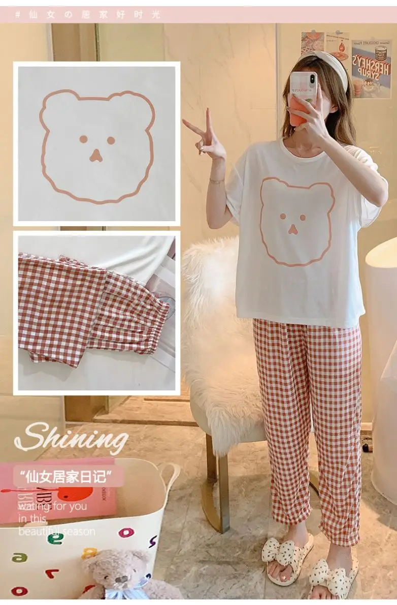 RTS Summer High Quality Women Print Home Clothes Sleep Wear Ladies Short Sleeve Pajamas For Women Set