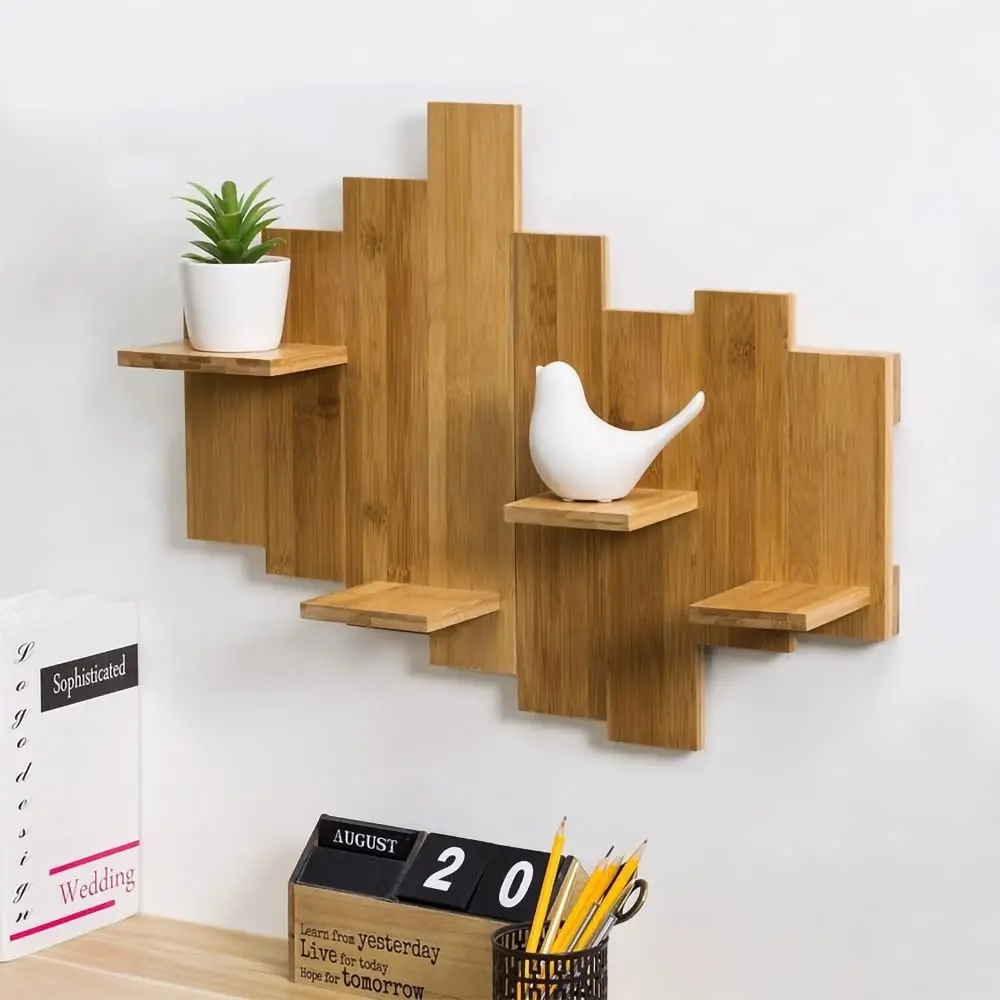 Easy-to-Assemble Natural Bamboo Brown Floating Wall Shelves for Bedrooms and Living Rooms with Brackets