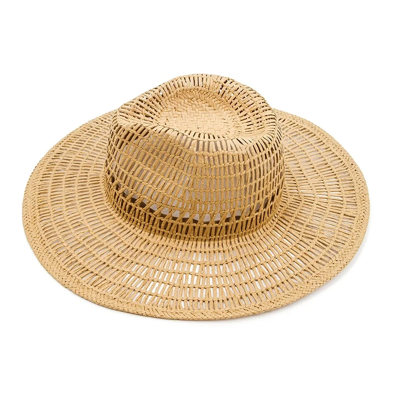 Summer Breathable Hollow Handwoven Split Weave Natural Panama Straw Hat Men