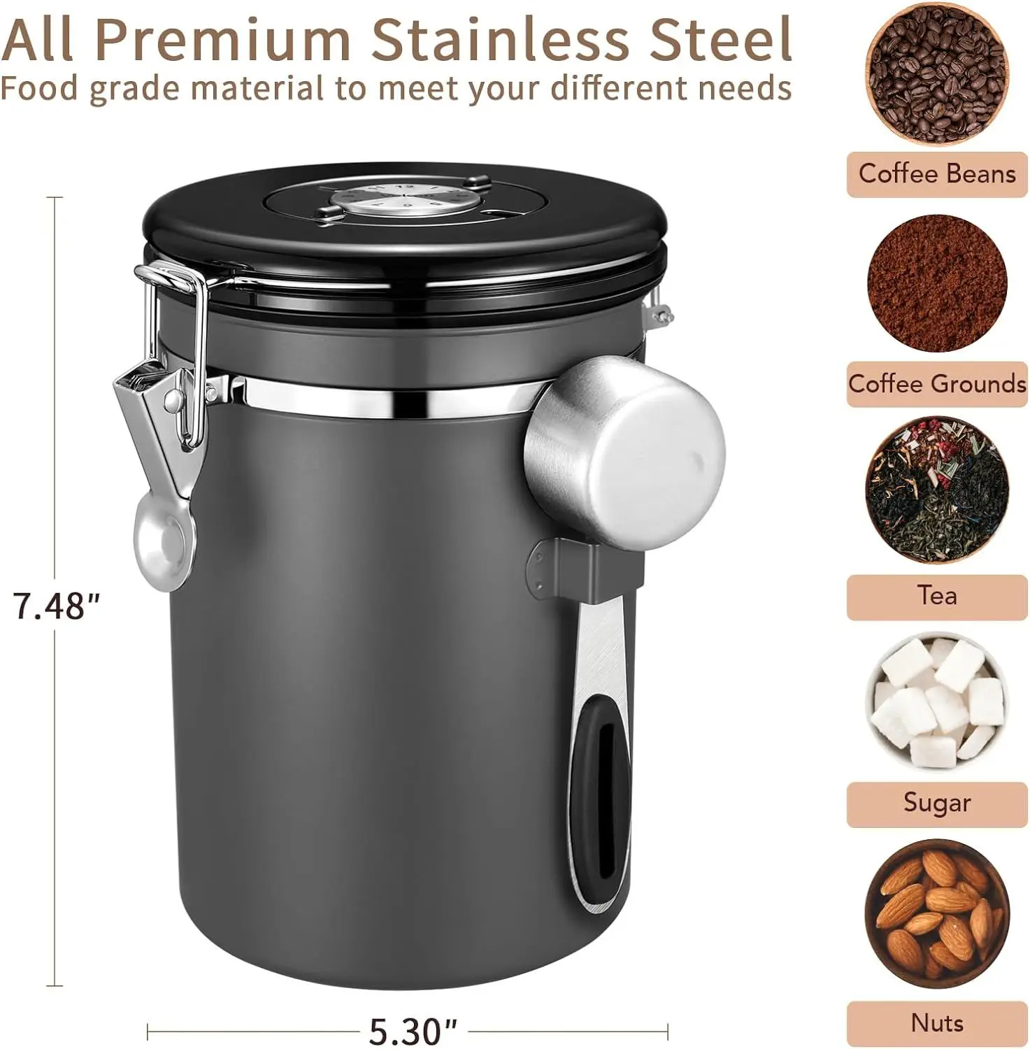 Coffee Canister, Airtight Stainless Steel Kitchen Food Storage Container with Date Tracker and Scoop