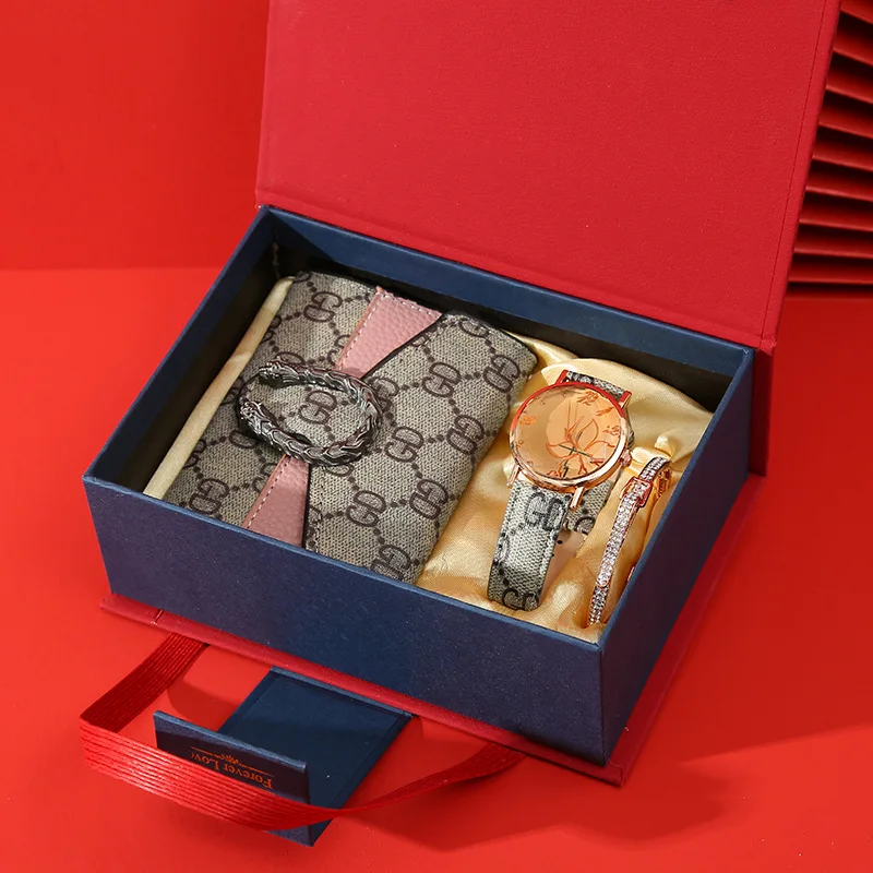 B092A 3Pcs Wallet Set Women Accessories Mommy Sister Ladies Hand Watch And Bracelet Mother Gift Big Set