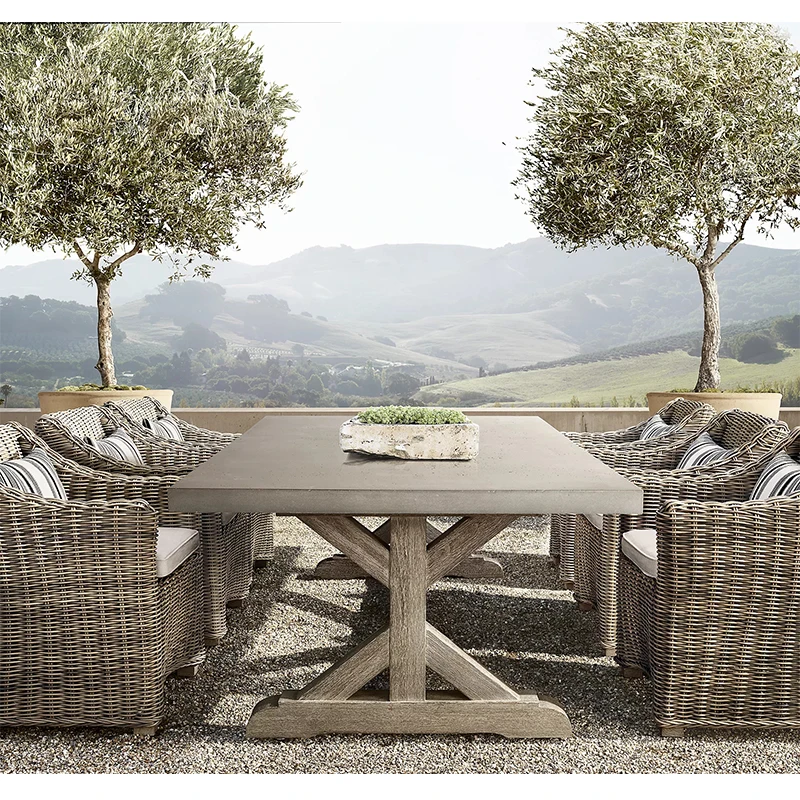leisure Teak frame thick concrete table top outdoor garden table set rattan armrest patio dining chairs outdoor furniture