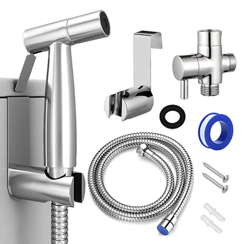Stainless Steel Cleaning Shower Head Handheld Bidet Sprayer for Bidet Attachment Toilet Bathroom with Wall Bracket Hose Set