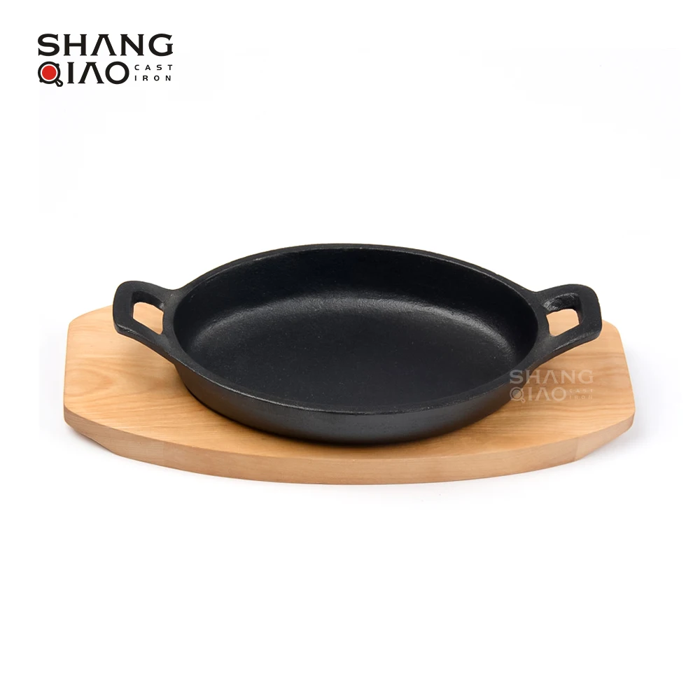 Производитель, оптовая продажа, мини-тарелка с овальным деревянным основанием, форма для запекания из чугуна