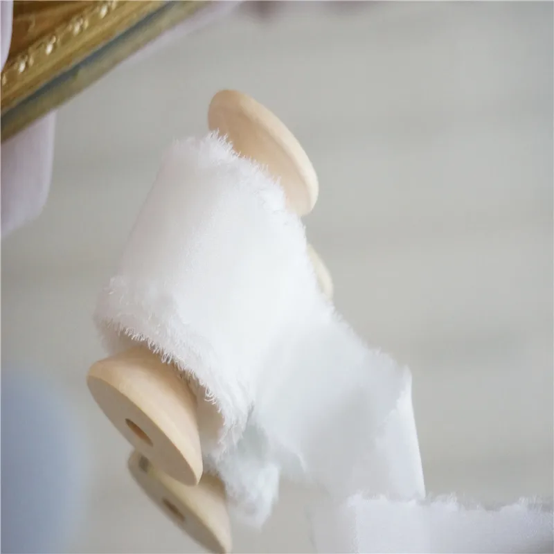 20mm-80mm pure silk crepe habotai frayed edged ribbon hand made for wedding packgaed ribbon