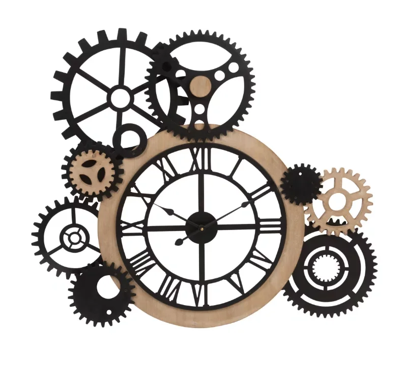wall clock gear interior  household wooden frame metal wall clock for home decor