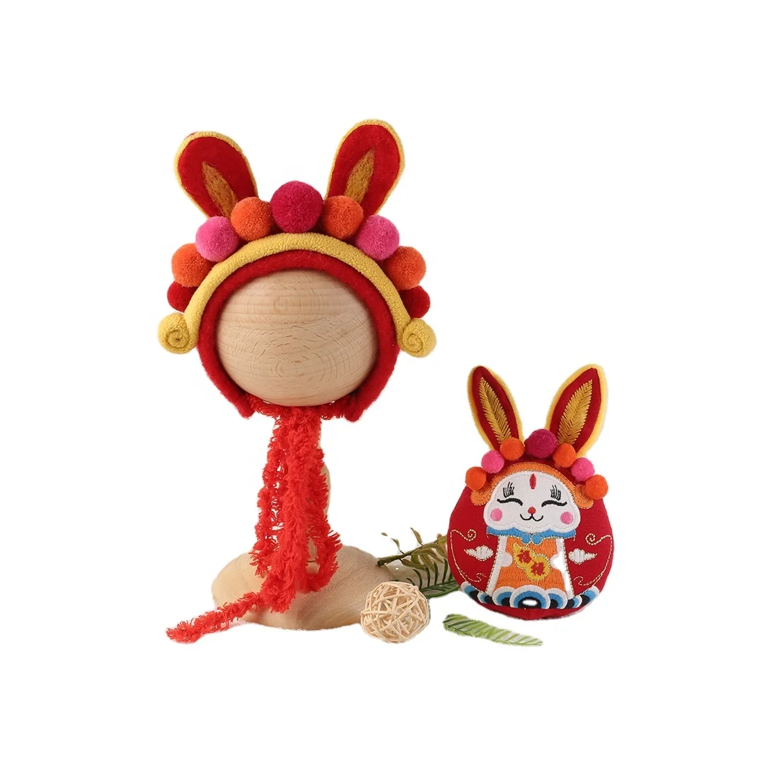 PW PROPSBunny Bonnet and Toy Chinese Style Newborn Photography Props Handmade Baby Pompom Bonnet Photo Studio Accessories