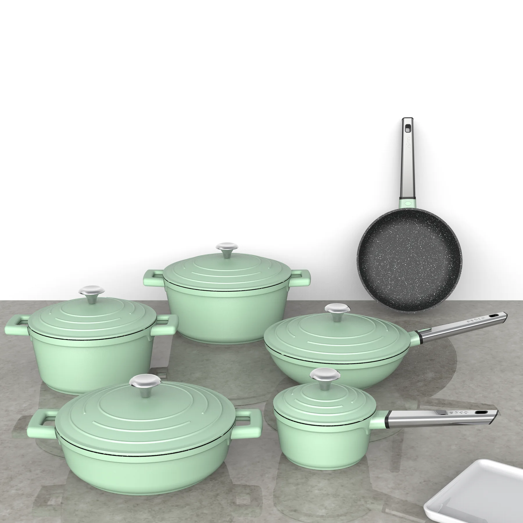 Factory Non Stick Granite Coating with Self-Circulation Cast Lid Oven Safe Cookware Set