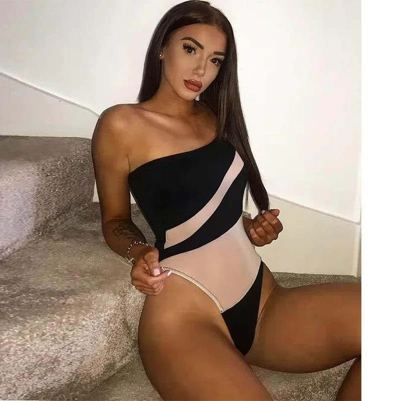 2022 Hot Sell One-shoulder Mesh Jumpsuit Stripes Swimwear