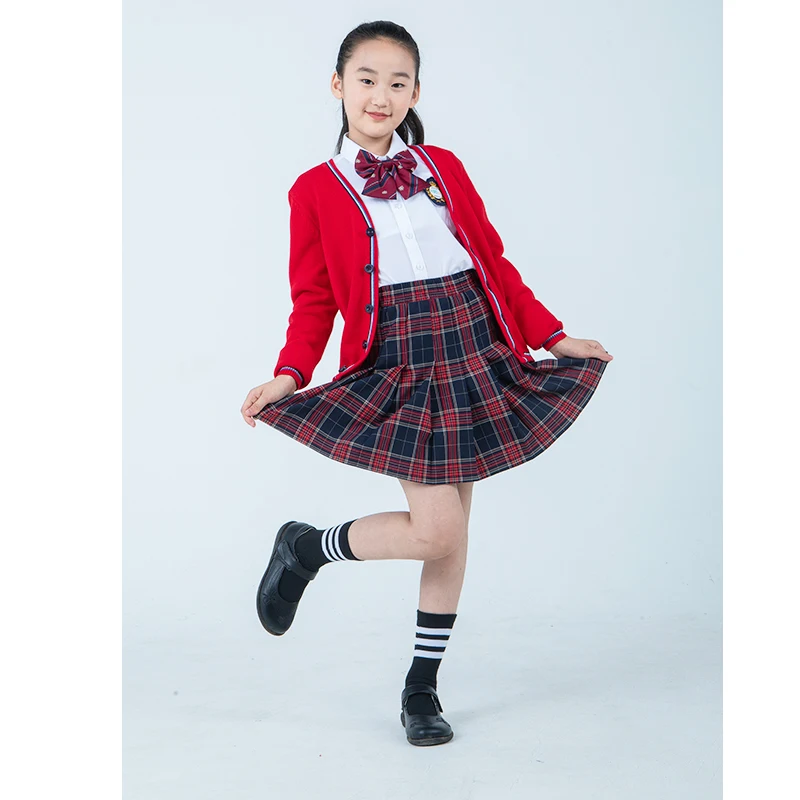 OEM  Beautiful Girls High School Uniform Custom Korean Dress Plaid Skirts Pants Sweater Suit Kids Uniform