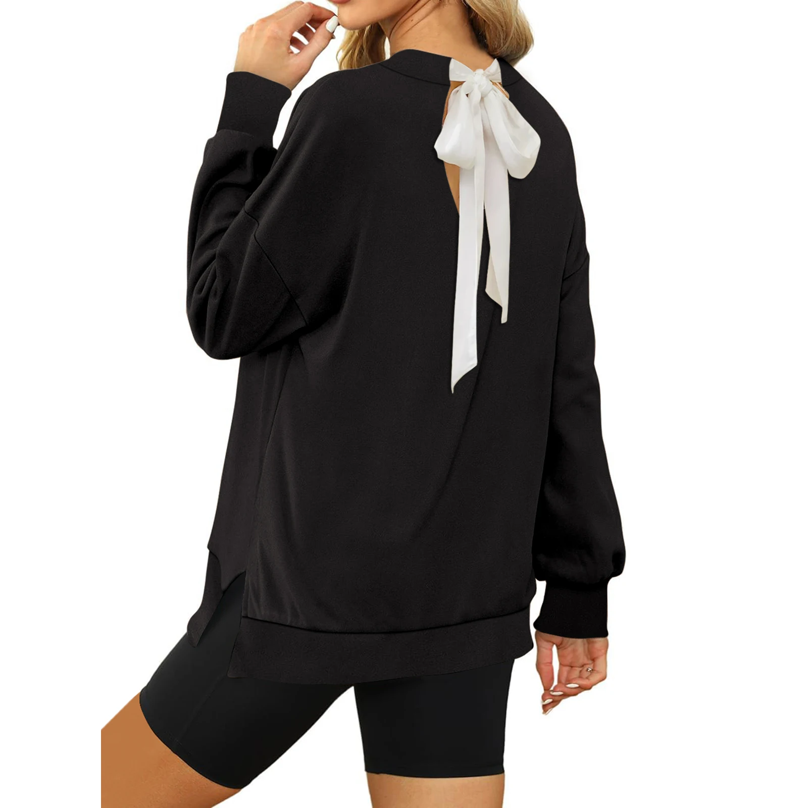 Custom Logo Back Bowknot Streetwear Drop Shoulder Crewneck Blank Pullover Sweatshirts for Women