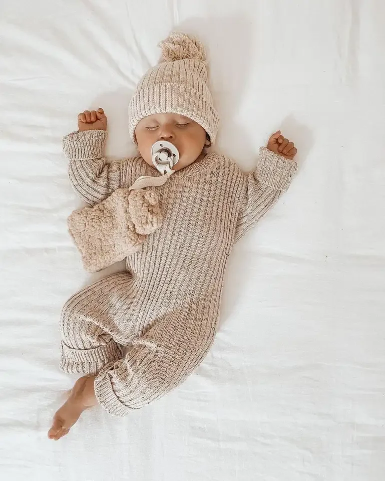 Hot Sale Baby Products Clothes Full Sleeve 100% Cotton Plain Speckled Knit Winter Baby Waffle Rompers