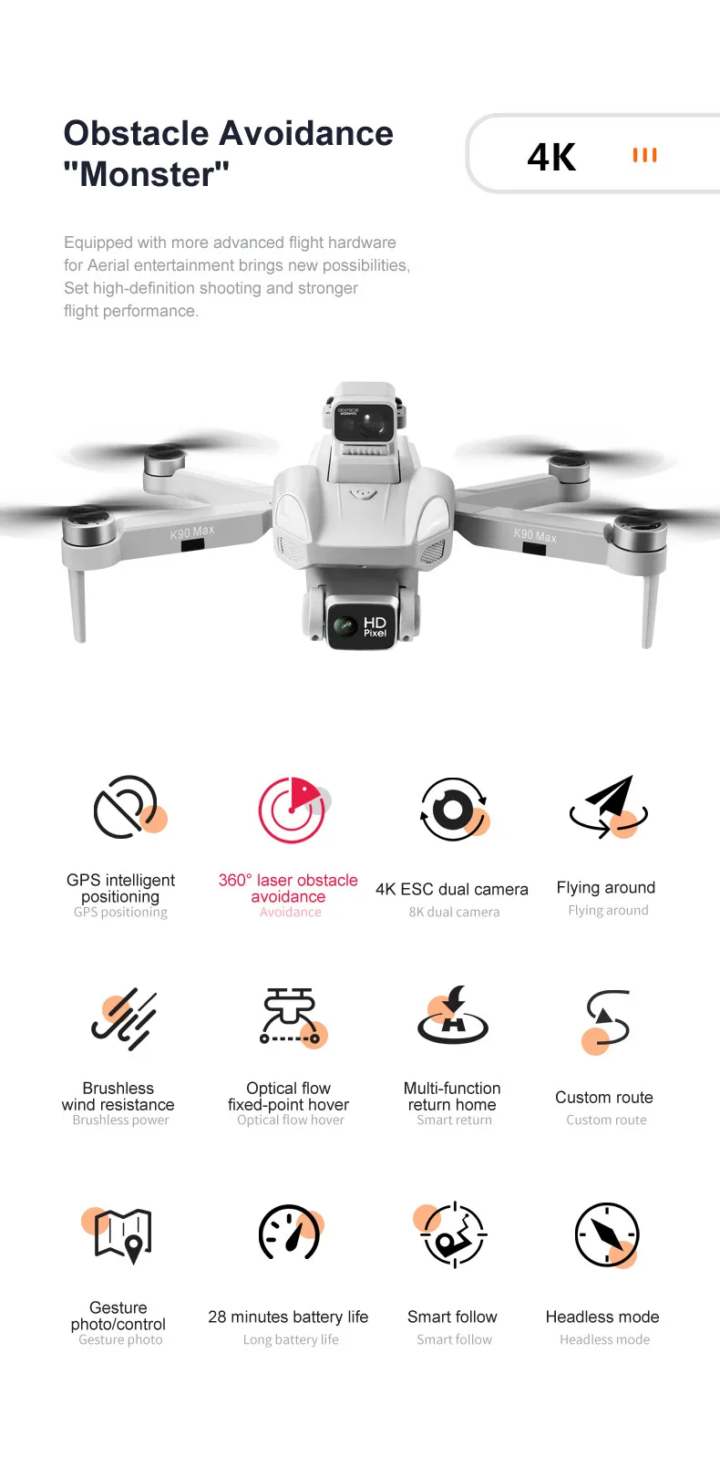 Profesional K90 Max 4K Dual Camera Drone Beginner 28 Minutes Long Range Flight Time Headless Mode Brushless Motor FPV Drone