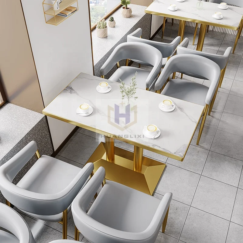 Customized Restaurant Booth Seating Set Marble Top Golden Dining Table And Chair Sofa For Cafe Coffee Shop