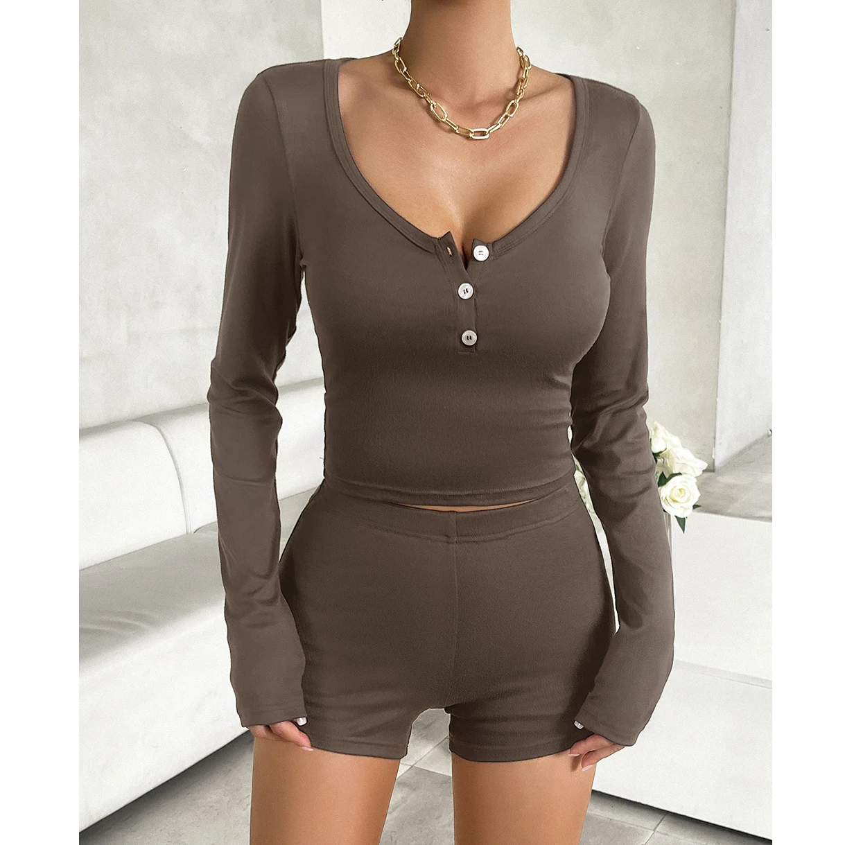 Ladies Fashion Slim Long Sleeve Crop Top and Shorts Sets for Women Two Pieces New Arrivals