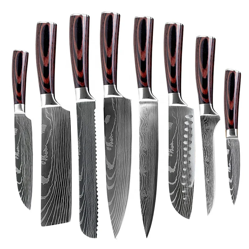 Набор кухонных ножей из японской нержавеющей стали для шеф-повара, инструмент сантоку для нарезки, набор ножей с лазерным узором, 8 шт. ножей из дамасской стали