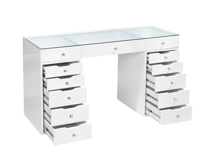 Лидер продаж, новый дизайн, деревянный туалетный столик с 13 ящиками, прозрачный стеклянный туалетный столик