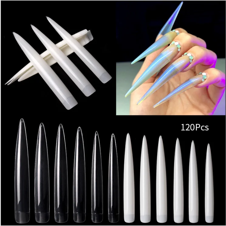 120 Pcs Clear  Nails supplies salon tips design xxxl extra long c curve tapered square nail tips box xxxl stiletto nail tips