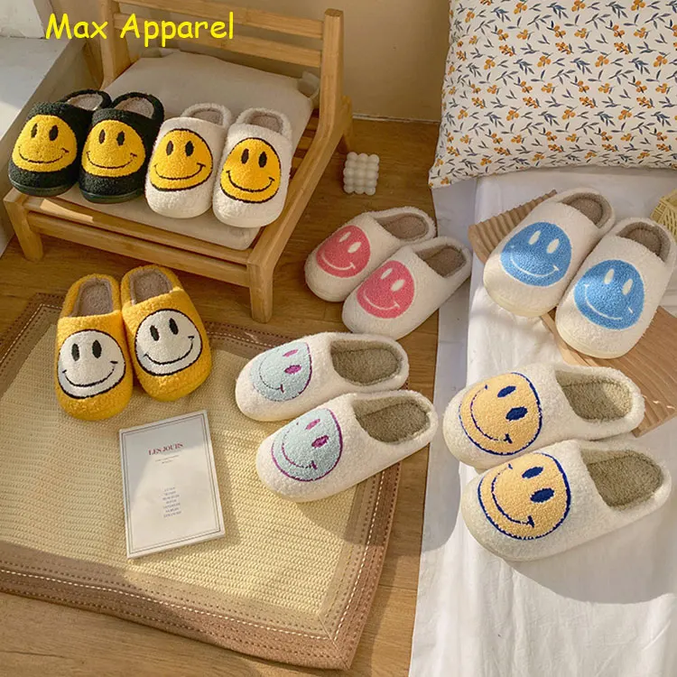 Wholesale Fuzzy Women House Smiley Face Indoor Slippers