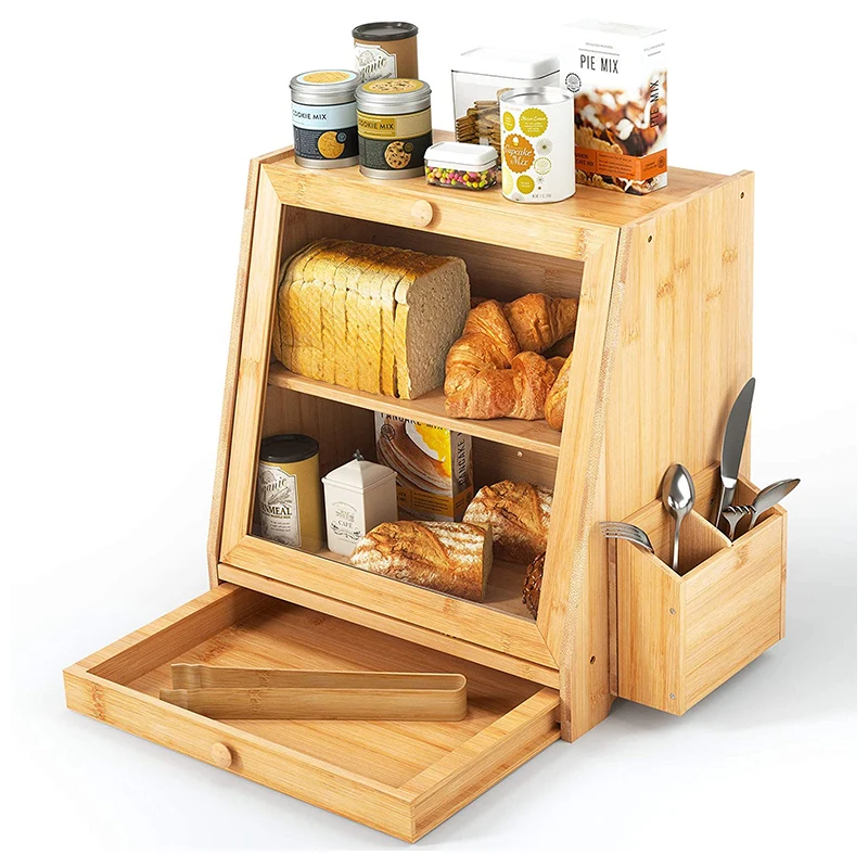 Wholesale Kitchen Countertop 2-Tier Bamboo Bread Box Bin Bamboo Bread Container Cabinet Organizer with Transparent Window