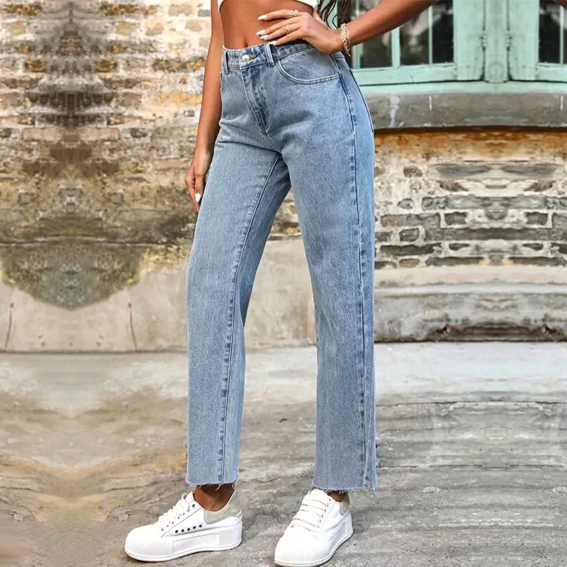 Fashion Ladies Jeans Basic Blue Straight Legging Zipper Fly Casual Jeans Mujer