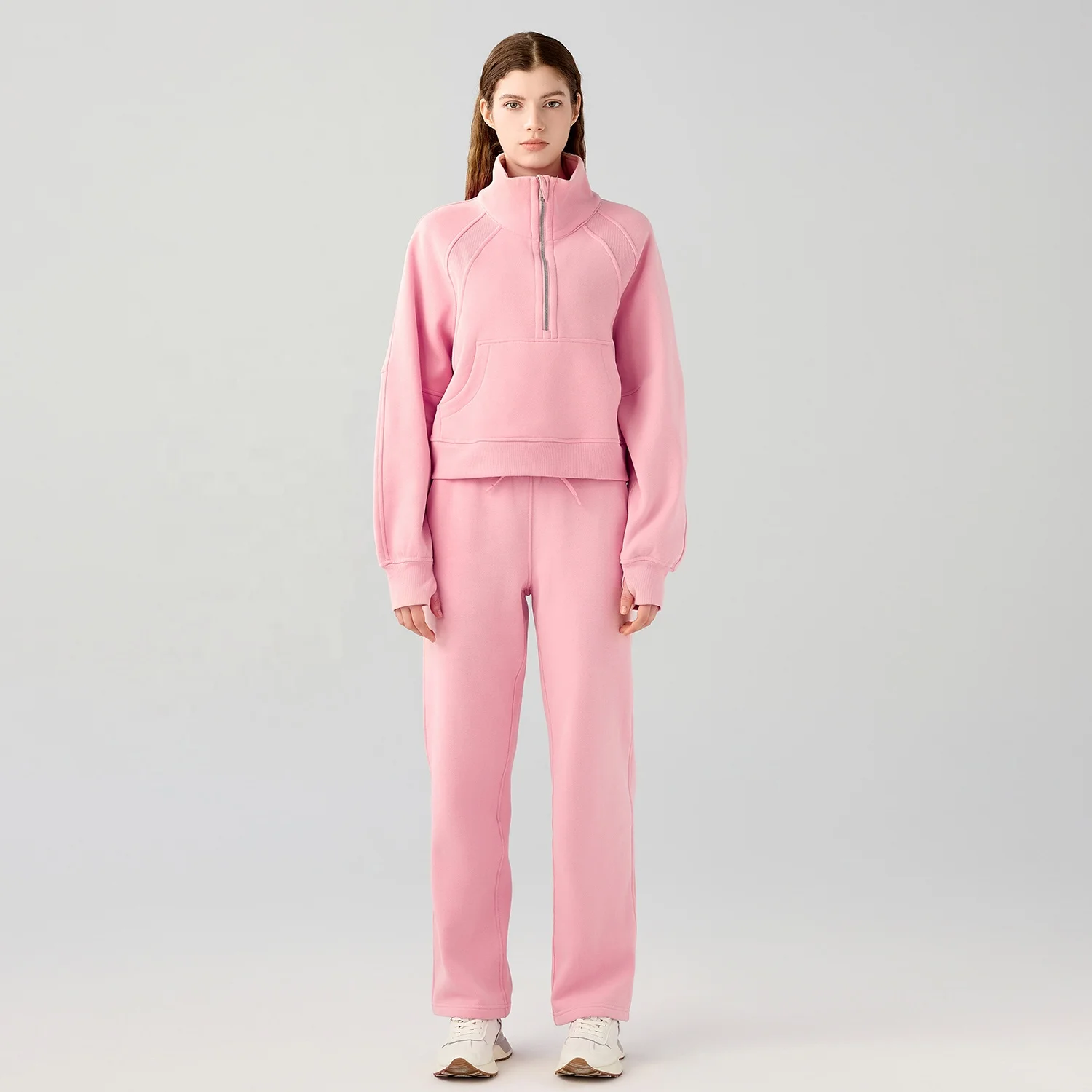 Winter Fleece Quarter Zip Unisex Pocket Pullovers Wholesale Womens Sports Hoodies With Thumb Hole 65cotton 35nylon