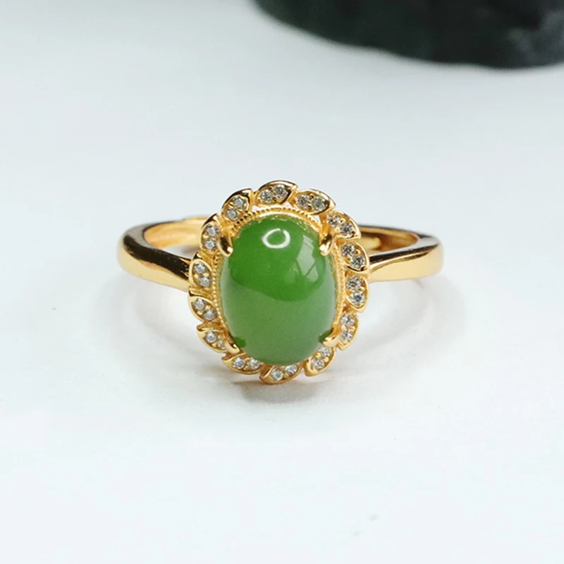 Jewelry Stone High Quality Hetian Jade Rings Leaf Shape Natural Stone Rings For Women Gold Plated S925 Silver Jasper Rings
