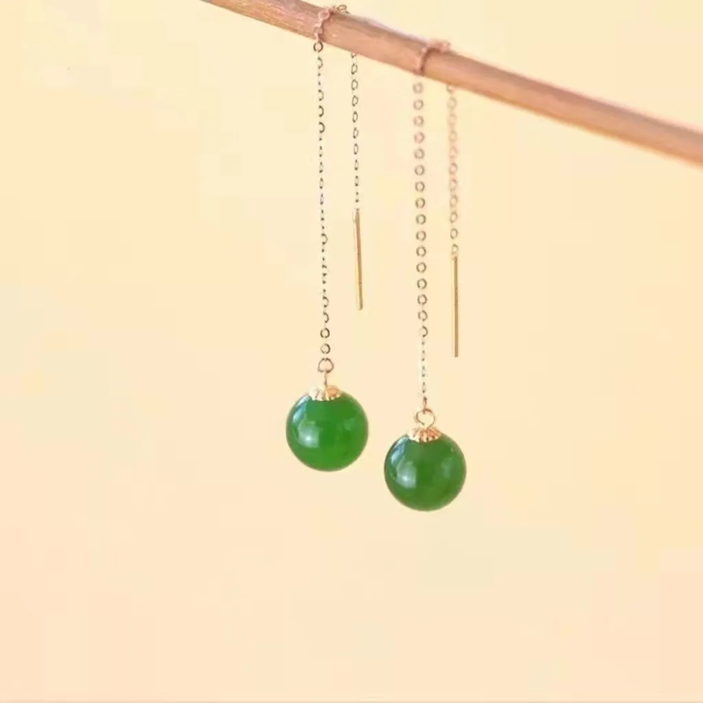 Luxury Fashion Pure Real 18K Gold Jade Earrings Jewelry Women Ladies Female Bridal Engagement Wedding Earrings