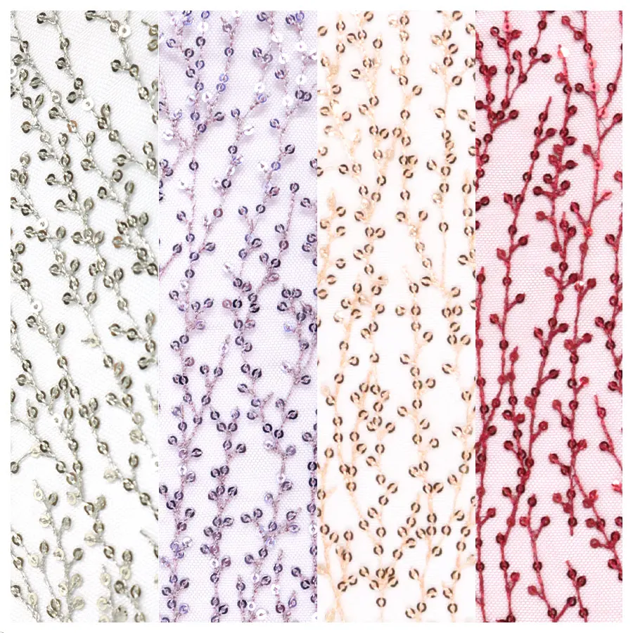 Bridal Luxury Mesh Base Flower Wedding 3mm Sequin Embroidery Fabric  for Evening Dress