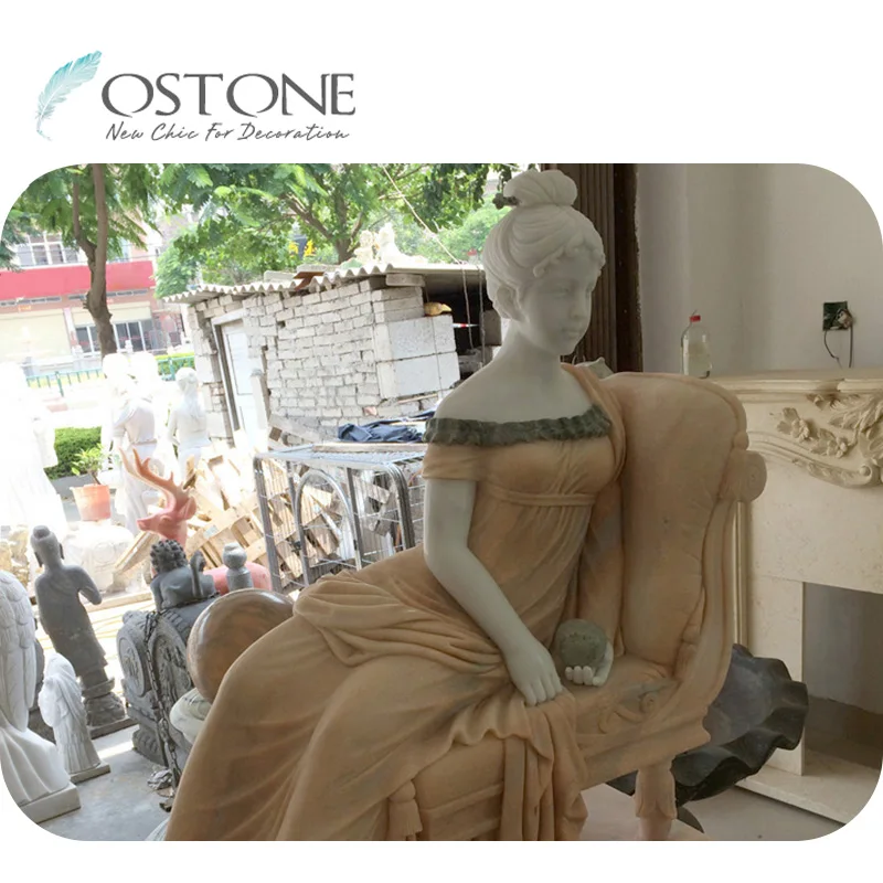 Classic Garden Lying Bed Woman Figure Carving Nude Marble Statue