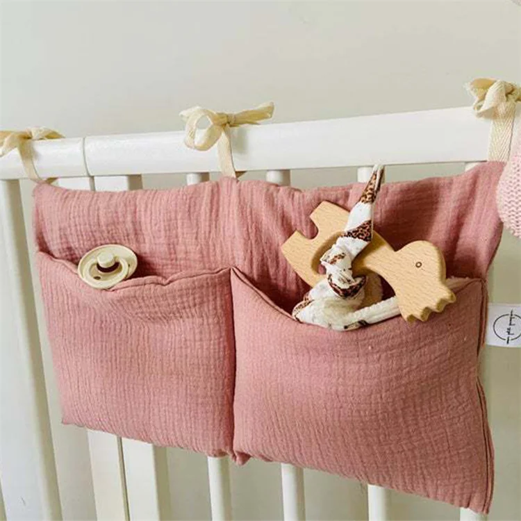 Toddler newborn cotton muslin Baby Bed Organizer Crib Two Pockets Hanging Storage Bag for Infant Diaper Teether Toys