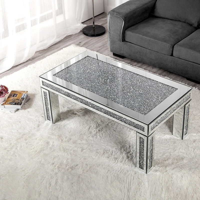 Rectangular Modern Luxury Mirrored Furniture Sliver Centre Table Crushed Diamond Mirrored Coffee Table for Living Room
