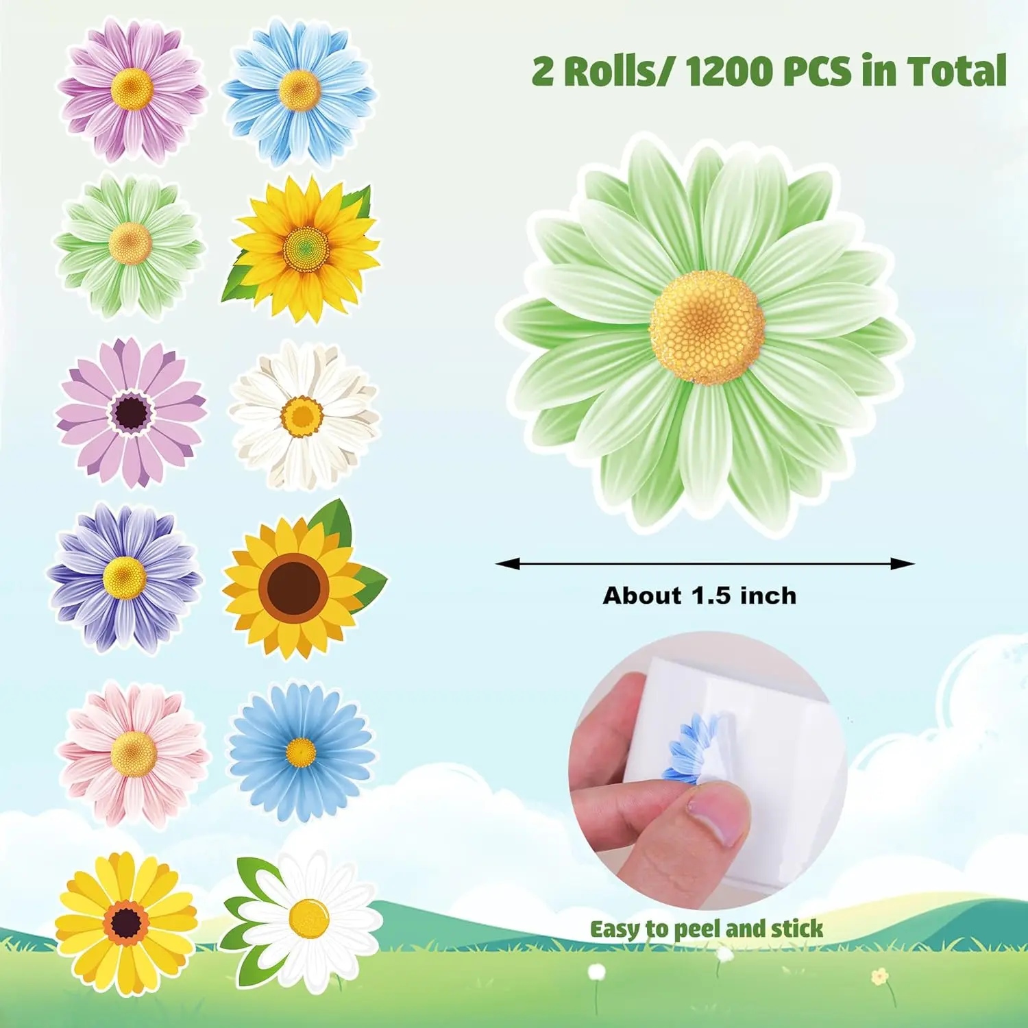 Flower Sticker Roll Spring Daisy Sunflower Sticker Decals Colorful Watercolor Flower Label Stickers for Scrapbooks Water Bottle