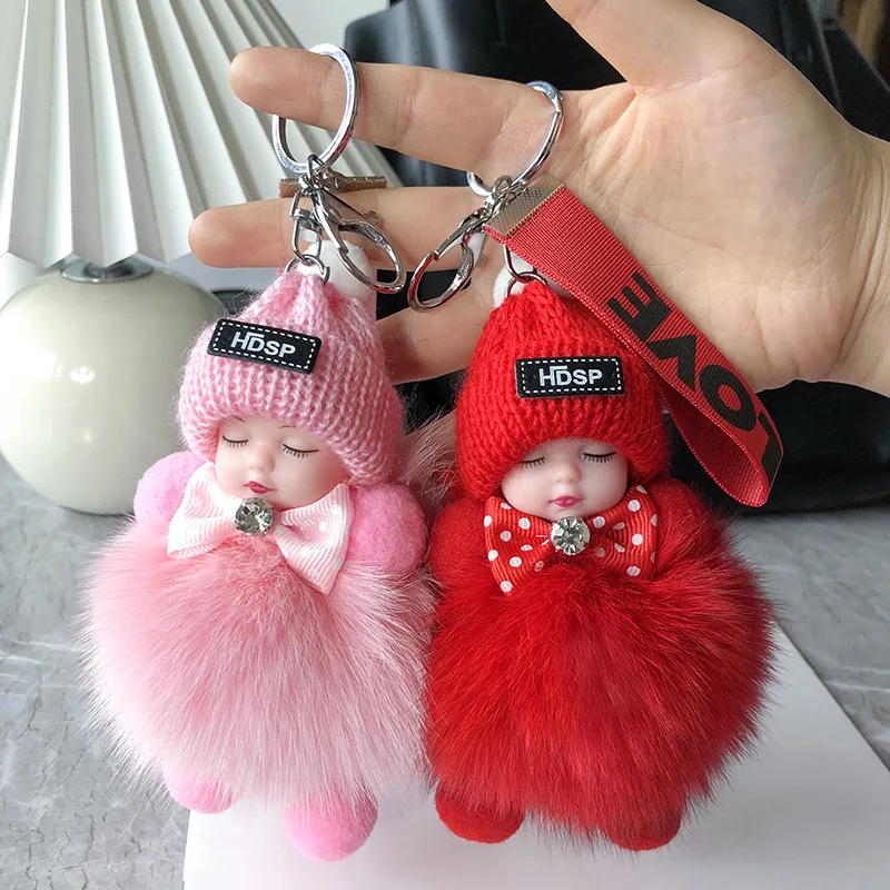 Wholesale Cute Fox Fur Sleeping Baby Doll Keychain for Backpack Bags Decorations Popular Key Ring Chain Holder Ornaments