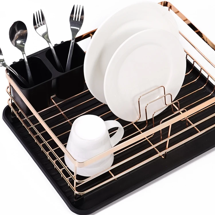 Black Retangular Kitchen Plate Drainer Dish Drying Wire Rack with Removable Plastic Cutlery Holder & Tray
