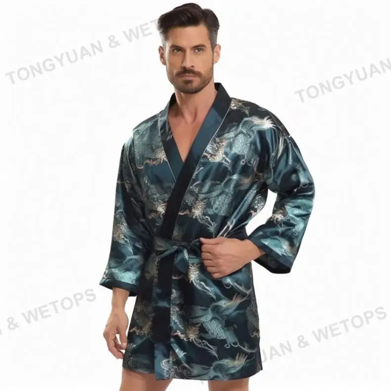 Mens Dragon Print Long Sleeve Satin Kimono Belted Robe Sleepwear With Shorts