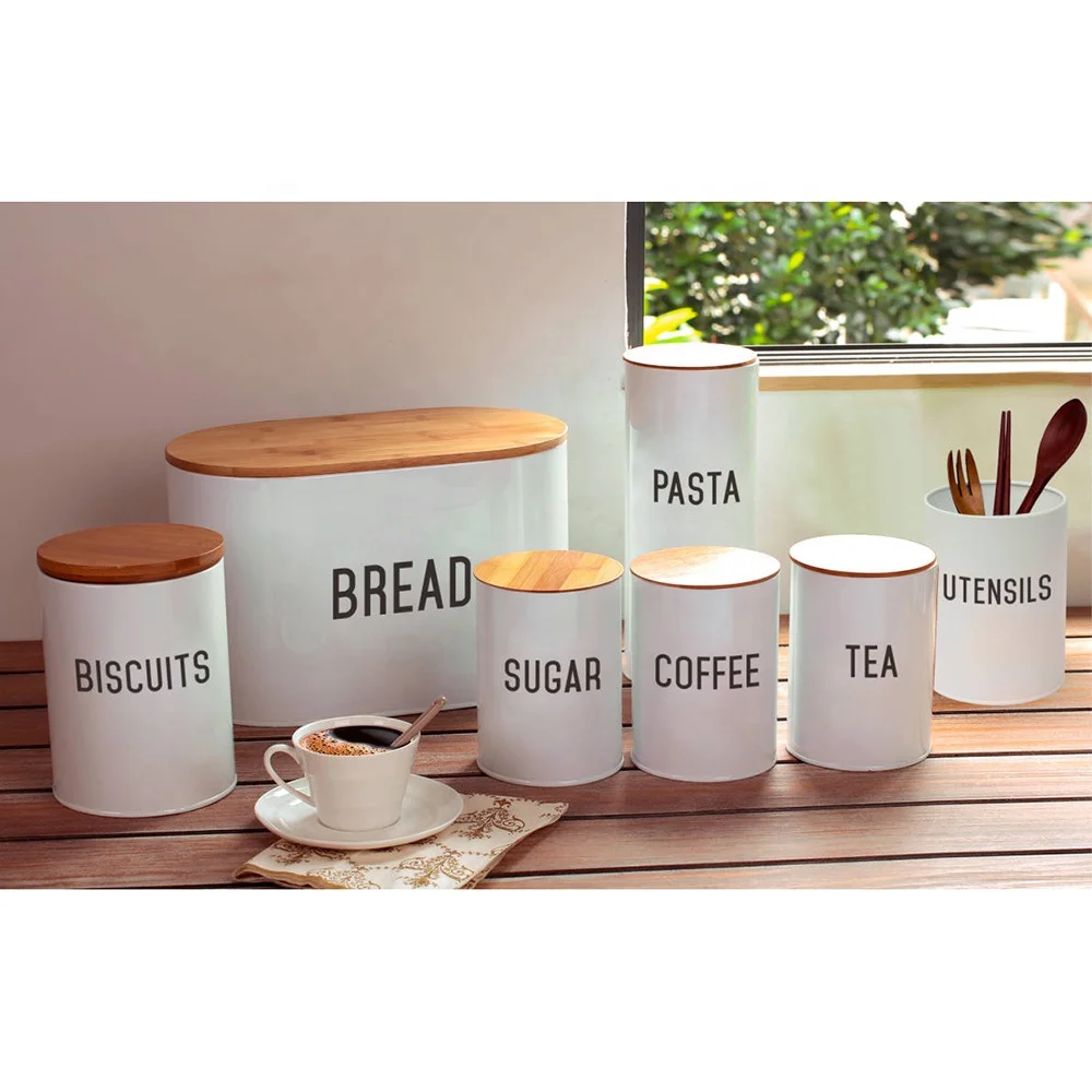Metal Kitchen Food Storage Box 5pc Bread Bin And Tea Coffee Sugar Biscuit Canister Sets