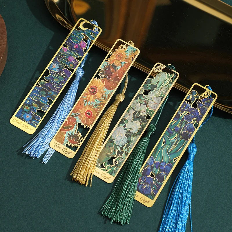 2024 Hot sale Metal Crafts Souvenir Customization Bookmarks with Tassels Golden Etched Hollow Brass Bookmark for Book Lovers