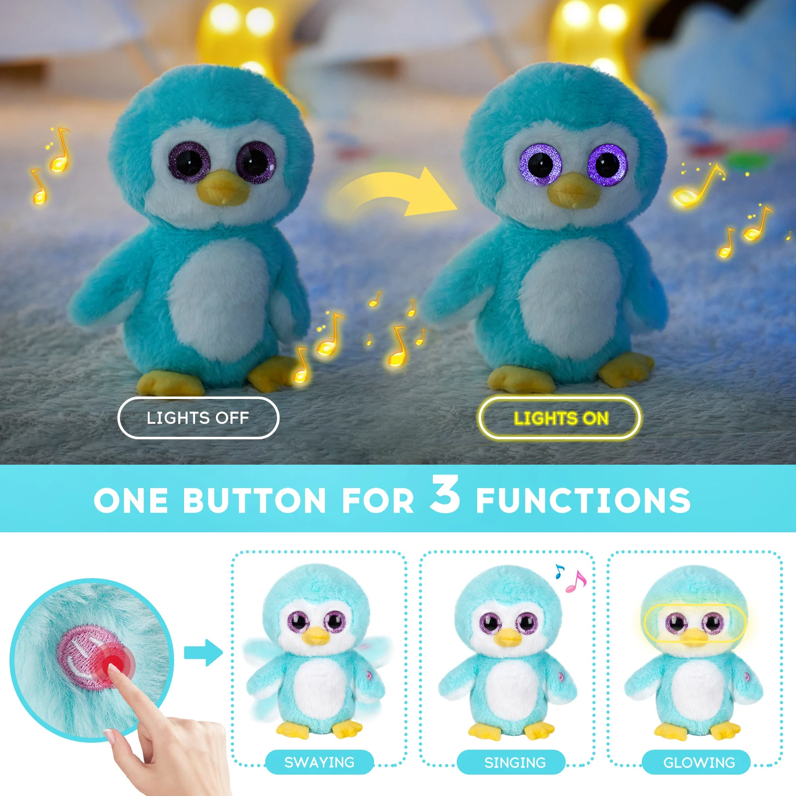 30 cm Big Eyes Penguin Featured Singing glowing LED swaying dancing kids toy squish toy gifts for unisex child and stress relief