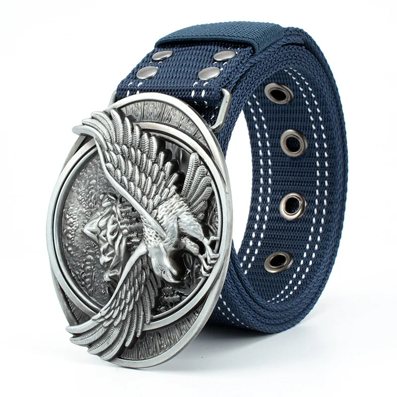 Custom Design Unique Personality Metal Buckle Woven Nylon Fabric  Belt With Eagle Wings Buckle