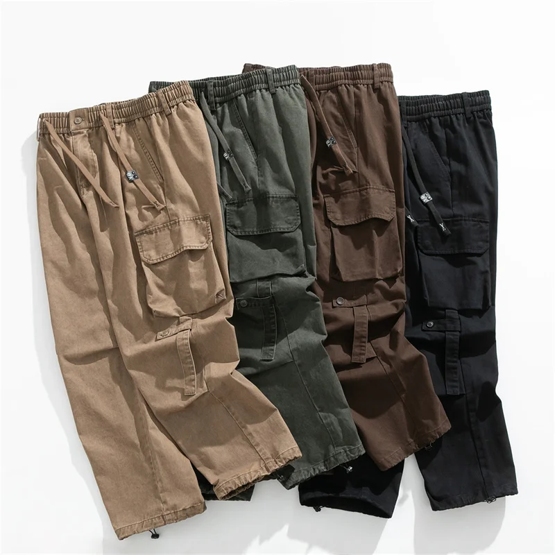 Workwear Style Drawstring Cargo Packet Stretchable Waist Cargo Pants Outdoor Active Wear-Resistant Work Trousers for Men