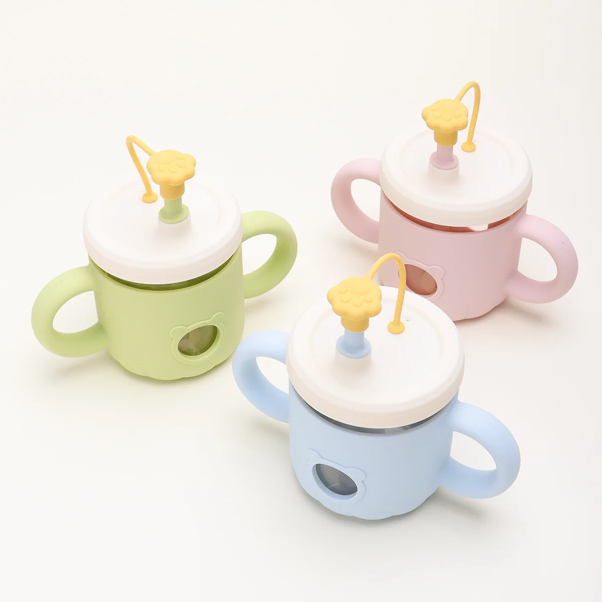 Baby Feeding Milk Glass Cup Spill Proof Sippy Cup Baby Milk Drinking Water Bottle with Silicone Sleeve with Lids and Straw