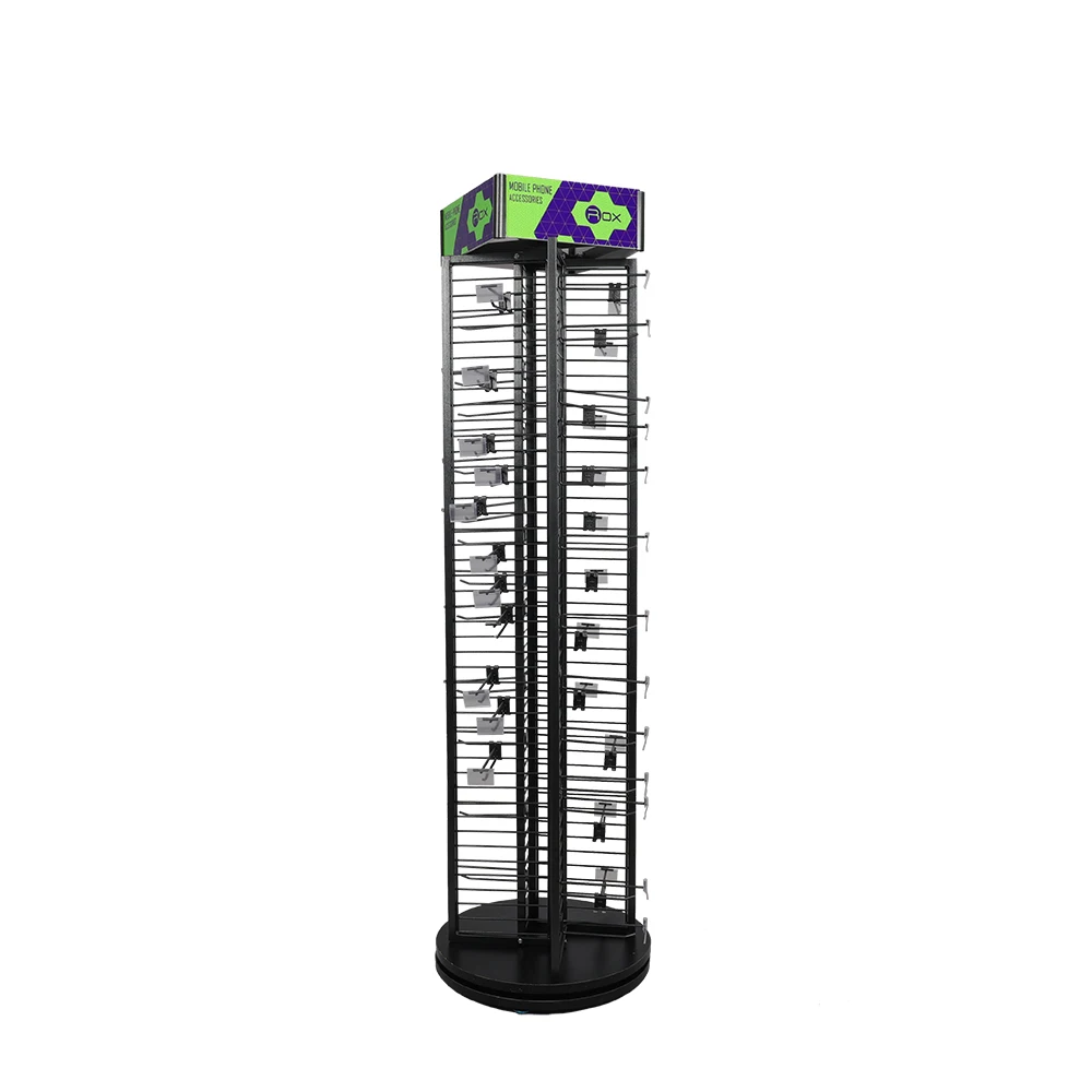Free-standing 4 Sided Metal Spinner Rack with Wire Hooks, Rotating Goods Display Stand for Supermarket