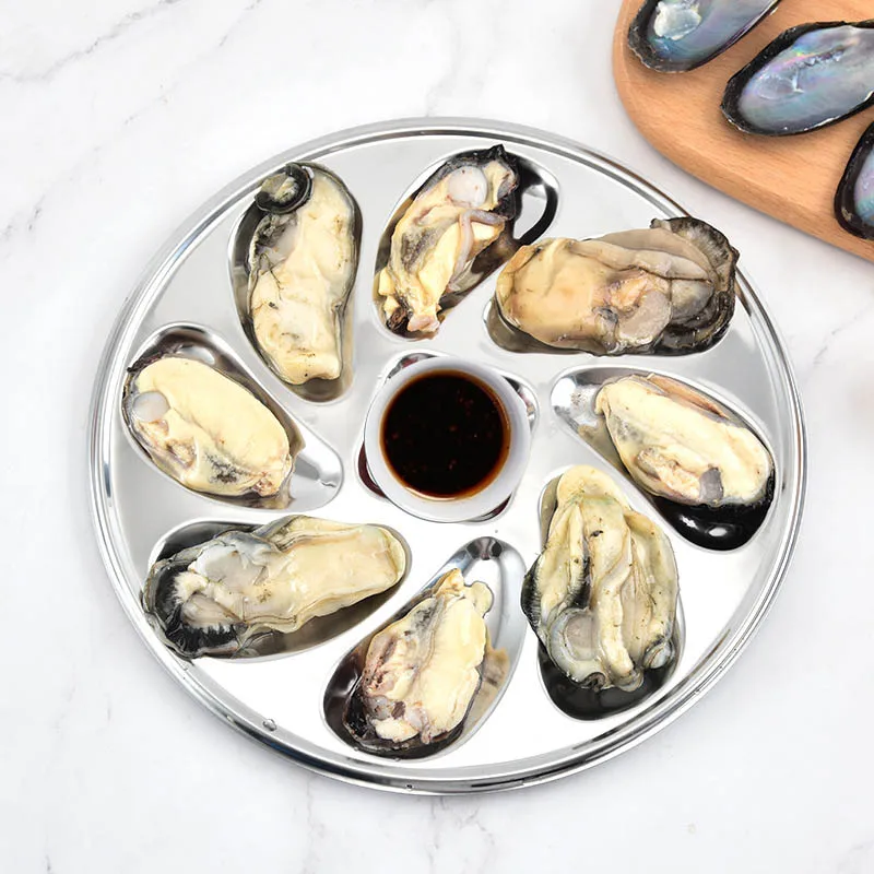 Stainless Steel Oyster Plate Seafood Buffet Serving Tray BBQ Bar Barbecue Kitchen Accessories Tableware 7pcs Oyster Dish