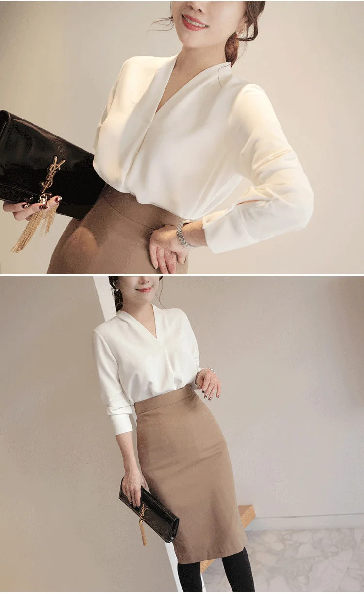 White Shirt Women Spring And Summer V-Neck Solid Color Professional Blouses Simple Sexy Loose Chiffon Blouse Korean