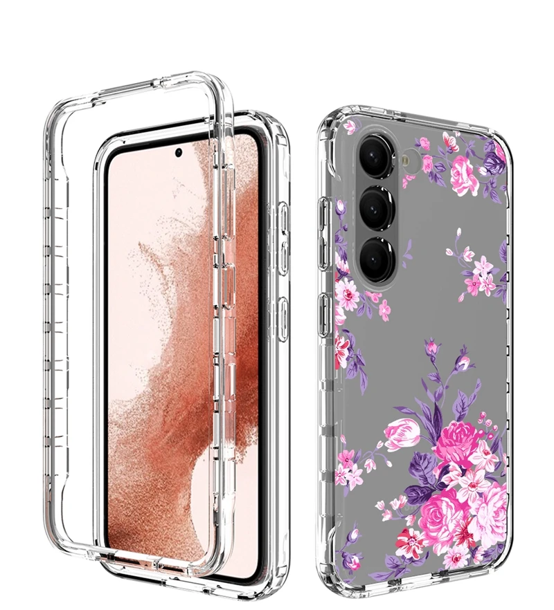 360 Full Body 2 In 1 Flower Printed Color Soft TPU With PC Front Frame Back Cover Phone Case For Samsung Galaxy S23 Plus Cases