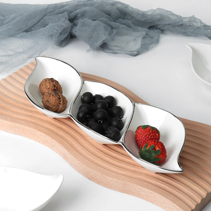 Custom Home 3 Section Appetizer Serving Platter Tray Food Fruit Snack Dish White Ceramic Serving Platter