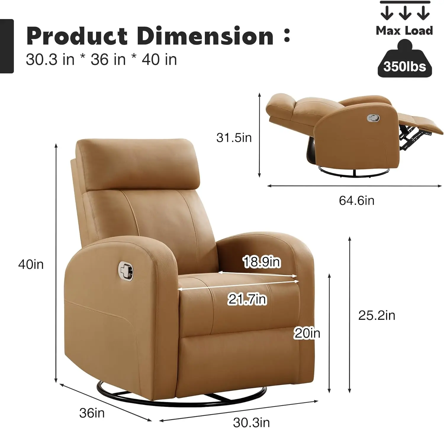 Swivel Rocker Recliner Chair, Manual Glider Rocking Recliner Chair, 360 Nursery Recliners Swivel Reclining Chair Pu Leather Wood
